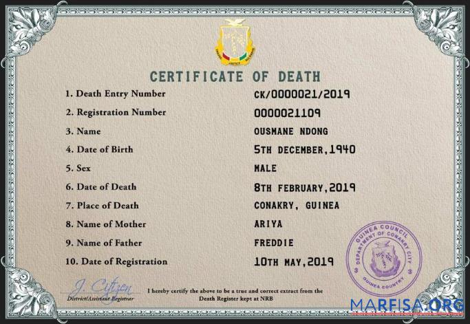 Blank Guinea death certificate PSD template